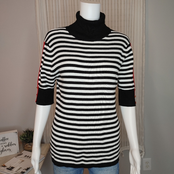 MARINA V PARIS STRIPED TURTLENECK SWEATER,BLACK/WHITE/RED T4 (Fits like M) - Picture 2 of 9